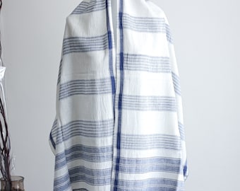 Handwoven Organic Kala Cotton Scarf - White with Blue Stripes