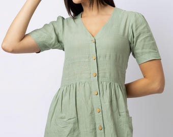 Women's Linen Button Front Midi Dress with Pockets, Relaxed V Neck A-Line Dress for Everyday Wear