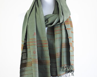 Organic Kala Cotton Scarf - Handwoven Stole with Tassels | Green, 22x76"