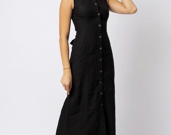 Sleeveless Linen Midi Dress | Mandarin Collar, Button Front, Black