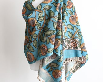 Ethnic Kalamkari Organic Cotton Wrap - Hand-Painted Scarf from Natural Colours | Blue, 23x86"