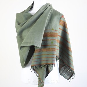 Organic Kala Cotton Scarf - Handwoven Stole with Tassels | Green, 22x76 inch