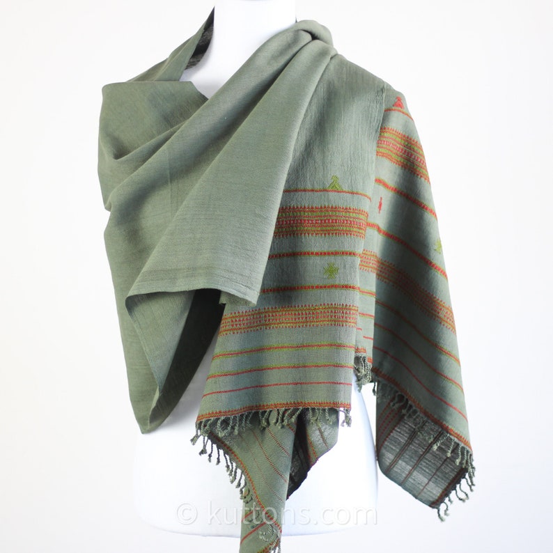 Organic Kala Cotton Scarf - Handwoven Stole with Tassels | Green, 22x76 inch