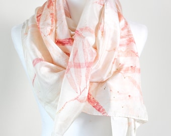 Eco-Printed Mulberry Silk Scarf - Natural Red Eucalyptus Leaves, Featherweight Stole | Pink, 21x72"