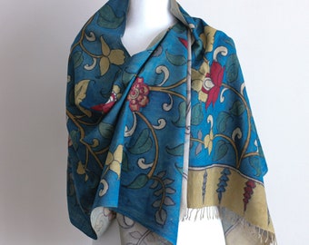 Ethnic Kalamkari Hand-Painted Cotton Scarf - Natural Colours, Floral | Blue, 21x75"