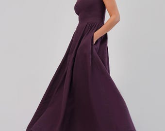 Linen Maxi Dress | Square Neck Sleeveless Fit and Flare Dress with Pockets