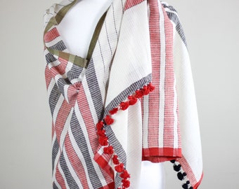 Naturally Dyed Hand Spun & Hand Woven Organic Cotton Scarf Wrap | White-Red-Gray, 26x76"
