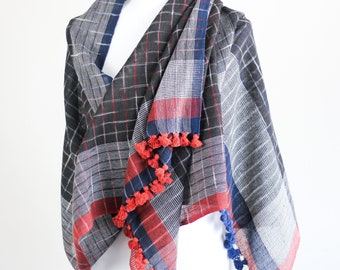 Handwoven Organic Cotton Scarf – Blue & Red Plaid with Tassels