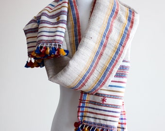 Handwoven Wrap from Handspun Tussar Silk & Fine Cotton - Colourful Tassels | Beige Stole, 24x86"