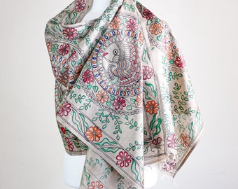 Ethnic Hand Painted Madhubani Stole - Khincha Silk Handloom Wrap | Golden, 22x80"