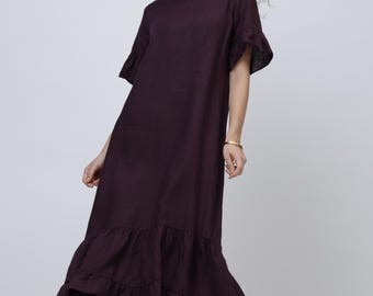 Relaxed Linen Midi Dress with Ruffle Sleeves, Tiered Hem Dress