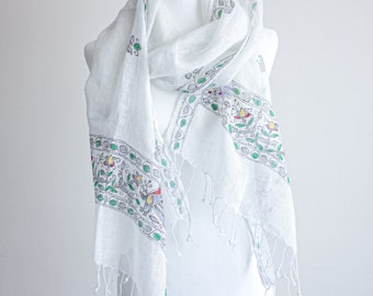 Hand-Painted Linen Wrap with Tassels - Tribal Madhubani Motifs | White, Green Leaves, 20x80"