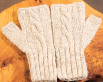 Hand Knitted Cashmere Fingerless Gloves – Cream Wool Wristlets