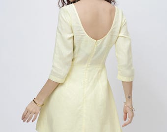 European Linen Mini Dress, Fitted Bodice, Flared Skirt, 3/4 Sleeve Summer Dress