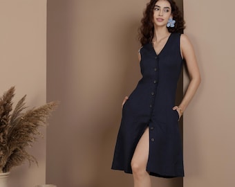 Sleeveless Linen Dress – Tailored V-Neck Button-Down Dress with Pockets