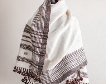 Handspun & Handwoven Woollen Shawl - Rustic Wrap Throw Blanket | Natural Cream White, 36x84"
