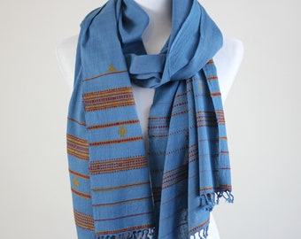 Organic Kala Cotton Scarf - Handspun & Handwoven Wrap with Tassels | Blue, 23x77"