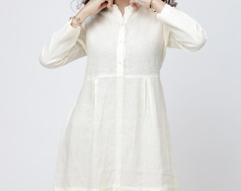 Linen Mandarin Collar Midi Dress | Long Sleeve A-Line Dress