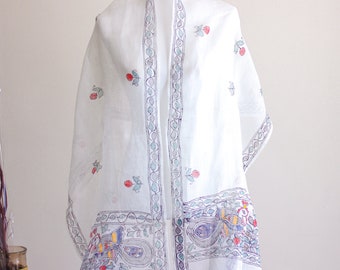 Ethnic Hand-Painted, Handwoven Linen Scarf Wrap - Tribal Madhubani Painted Stole | Long Tassels, White, 20x80"