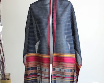 Handwoven Cotton Wrap with Tassels - Bhujodi Stole, Extra Weft | Black, Red, Yellow, 22x78"