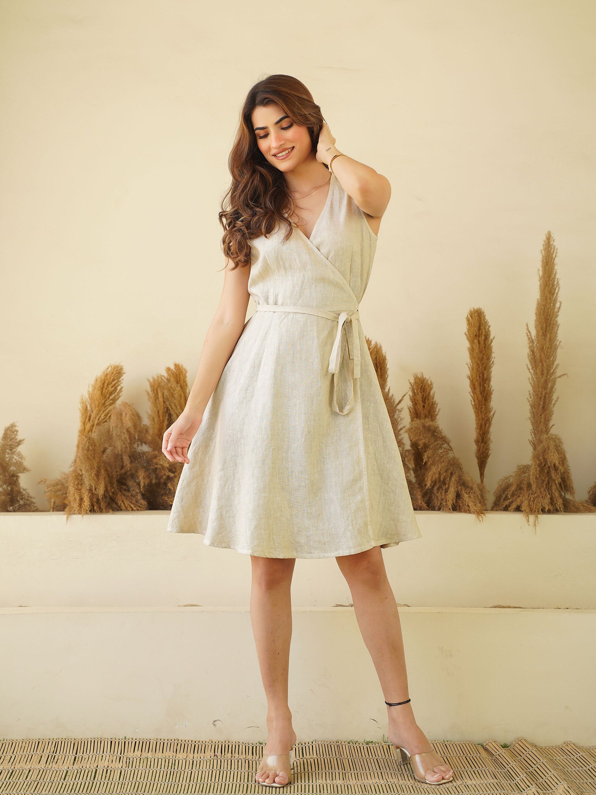 Handmade Linen Wrap Dress - Sleeveless Mini Dress with Tie Belt