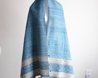 Handwoven Tussar Silk Merino Wool Shawl, Blue Golden Brown, Luxurious Wrap