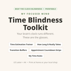 May include: A printable Time Blindness Toolkit document with dark text on a light background. It includes sections titled Time Estimation Trainer, How Long It Really Takes, Transition Buffers, Appointment Countdown Strips, and My Time Rules.