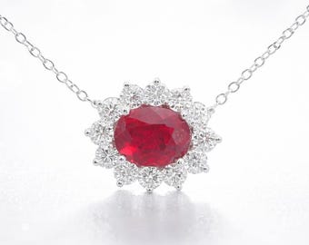 Ruby Halo Necklace • Sterling Silver • Red Gemstone Flower Pendant • Diamond Accent Necklace • July Birthstone Gift