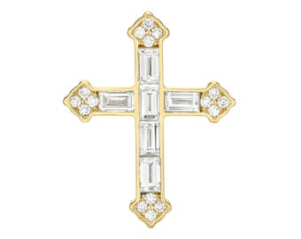 Emerald Cut Baguette Diamond Cross Pendant Necklace in 14K Yellow Gold