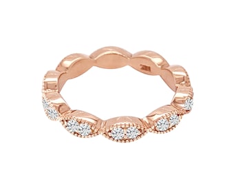 Anel Eternity Art Déco em Ouro 14K com Diamantes: Aliança de Aniversário Milgrain