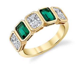 Anel de diamante e esmeralda 14K cultivados em laboratório: Aliança de casamento Half Eternity