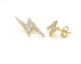 14k Yellow Gold Lightning Bolt Earrings | Lab Grown Diamond | Pave Moissanite Bolt Earrings | Dainty Celestial Jewelry | Lightning Bolt Stud