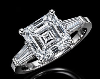 14k White Gold Asscher Cut Diamond Ring | Tapered Baguette Side Stones | Dainty Engagement Ring | Three Stone Ring | Fine Jewellery