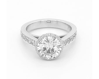 Platinum Halo Diamond Ring: Beaded Band, 2.18ctw Certified Diamond