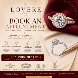 May include: A promotional flyer for the LOVERE COLLECTION featuring a rose gold diamond engagement ring, a pencil sketch of a ring, and a gold pen. The text includes BOOK AN APPOINTMENT, CUSTOM DESIGN, FINE DIAMONDS, and contact information.