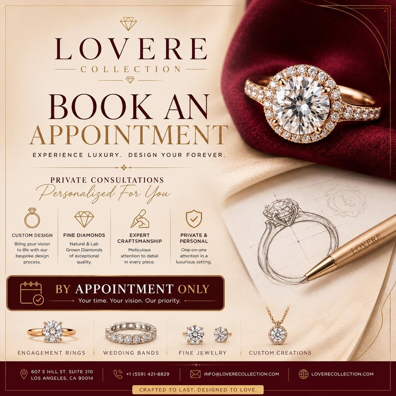 May include: A promotional flyer for the LOVERE COLLECTION featuring a rose gold diamond engagement ring, a pencil sketch of a ring, and a gold pen. The text includes BOOK AN APPOINTMENT, CUSTOM DESIGN, FINE DIAMONDS, and contact information.