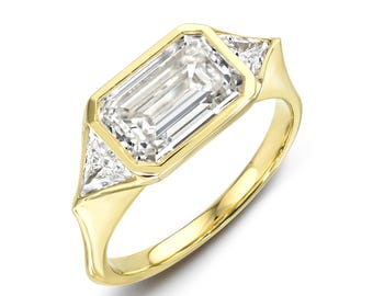 Emerald Cut Diamond Ring | 14K Yellow Gold Bezel Set Engagement Ring