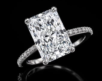 14k White Gold Radiant Cut Diamond Ring | Engagement Ring | Hidden Halo Pave Moissanite Ring | Delicate Ring For Wife | Lab Created Diamond