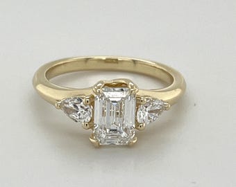 14k Yellow Gold Emerald & Pear Cut Diamond Ring | Three Stone Ring | Dainty Moissanite Engagement Ring | Promise Ring For Girlfriend