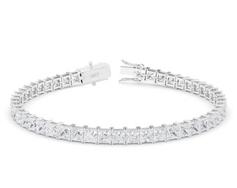 14k Gold Princess Cut Diamond Bracelet | Square Moissanite Bracelet | Prong Set Tennis Chain Bracelet | Lab Diamond Bracelet 