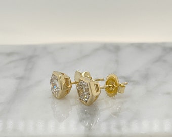 14k Yellow Gold Diamond Stud Earrings | Emerald Cut Hexagon Earrings | Lab Diamond Earrings | Bridesmaid Earrings | Real Gold Earrings