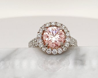 Anel de noivado com halo de diamante CVD rosa, ouro branco 18K