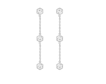 14 Karat Gold Long Dangle Earrings: Hexagon Lab Grown Diamond