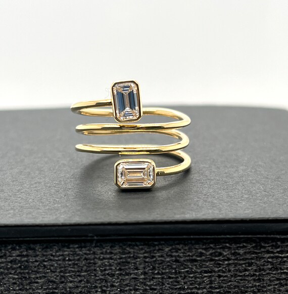 Double Emerald CVD Diamond Ring: 14K Gold Twisted Band Engagement Ring