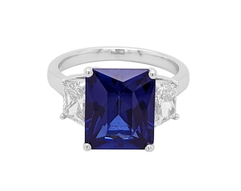 Anel de safira azul com lapidação esmeralda: anel de noivado com diamante em ouro branco 14K