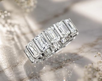 Aliança de eternidade com diamantes lapidados em esmeralda – Diamantes cultivados em laboratório, ouro branco 14K, anel marcante, aliança de casamento de luxo