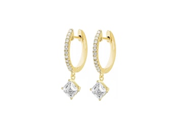 Square Carre Cut Diamond Dangling Hoop Earrings, Diamond Square Shape Hoop Earring, CVD Diamond Hoop Earrings 14K Gold