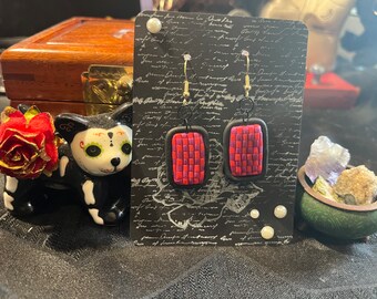 Checkerboard Dangle Earrings - Polymer Clay - Purple/Red