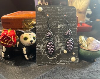 Checkerboard Dangle Earrings - Polymer Clay - Black/Purple