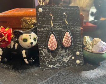 Checkerboard Dangle Earrings - Polymer Clay - Pink/White